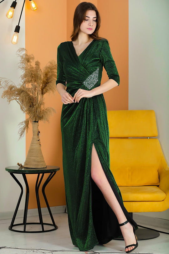 Glitzerndes Langes Abendkleid Mit V‑Ausschnitt – Grün