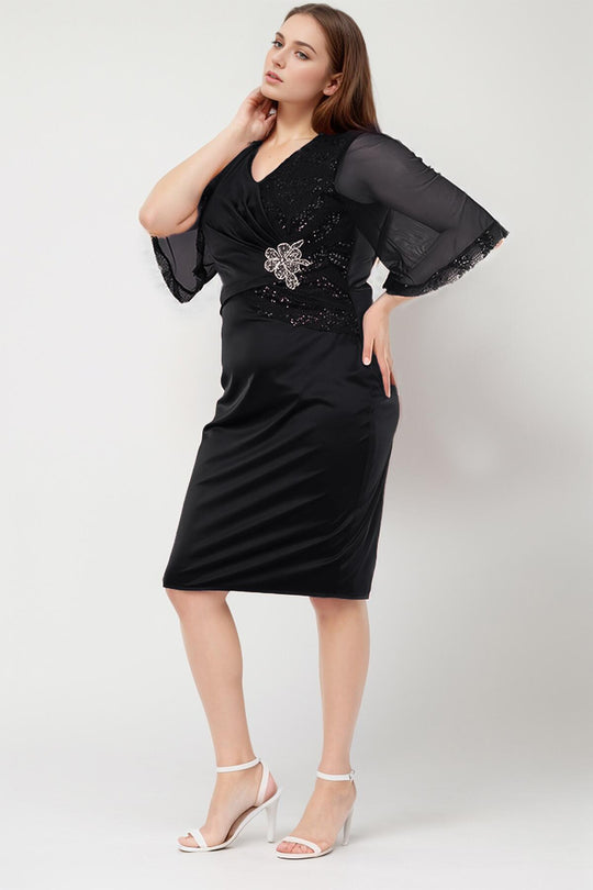 Plus - Size Short Evening Dress With Sequin And Stone Embellishment — Black