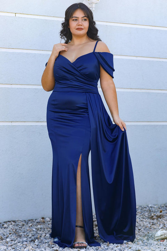 Plus‑Size Satin Strappy Evening Dress — Royal Blue