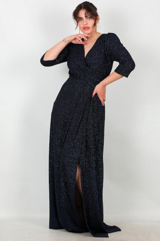Plus‑Size Lange Avondjurk Met Glinsterende Elleboogmouwen — Marineblauw