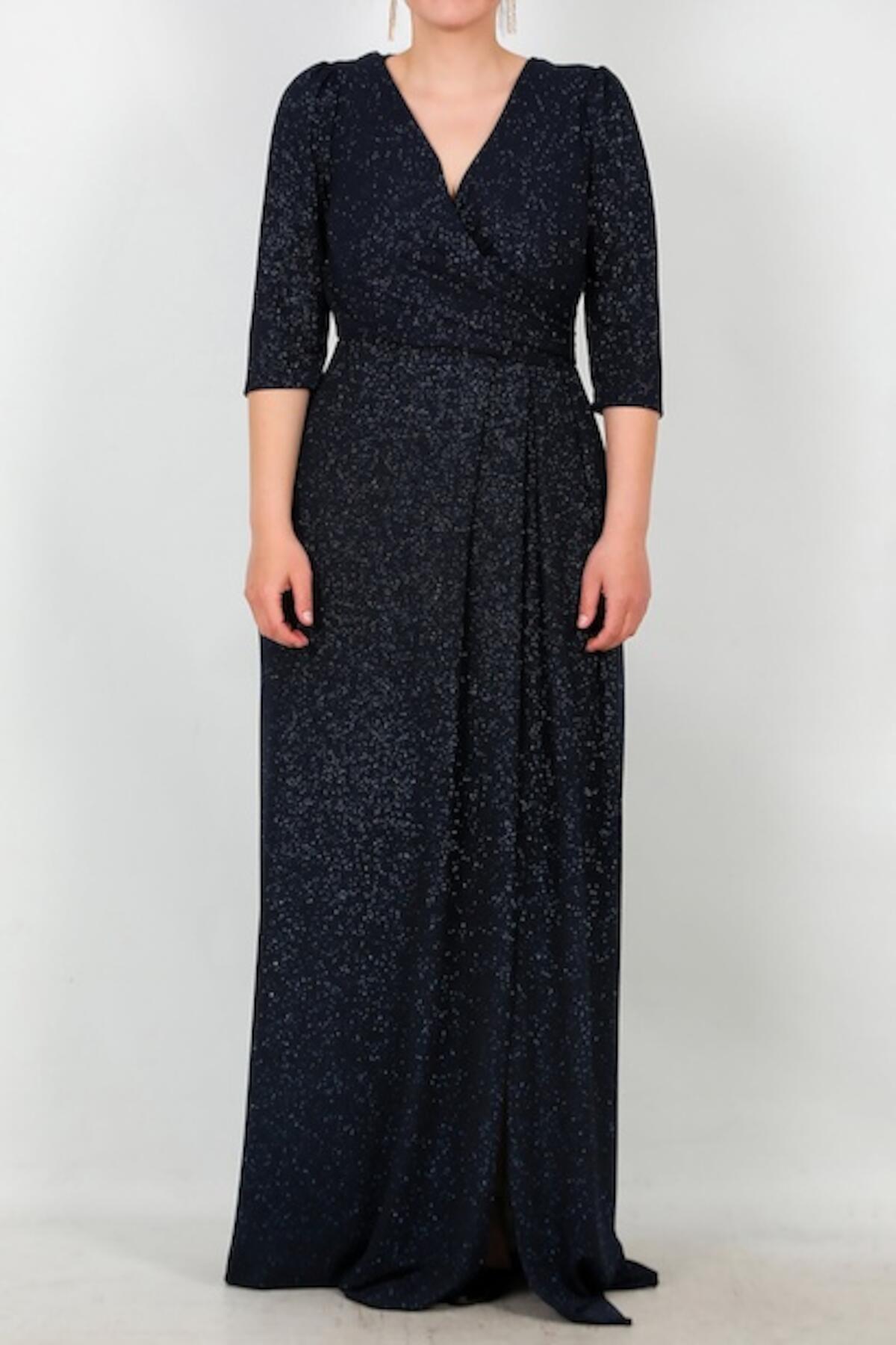 Plus‑Size Lange Avondjurk Met Glinsterende Elleboogmouwen — Marineblauw
