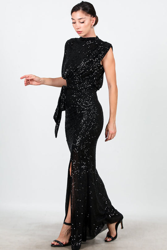 Belted Long Evening Dress With Side Slit — Black