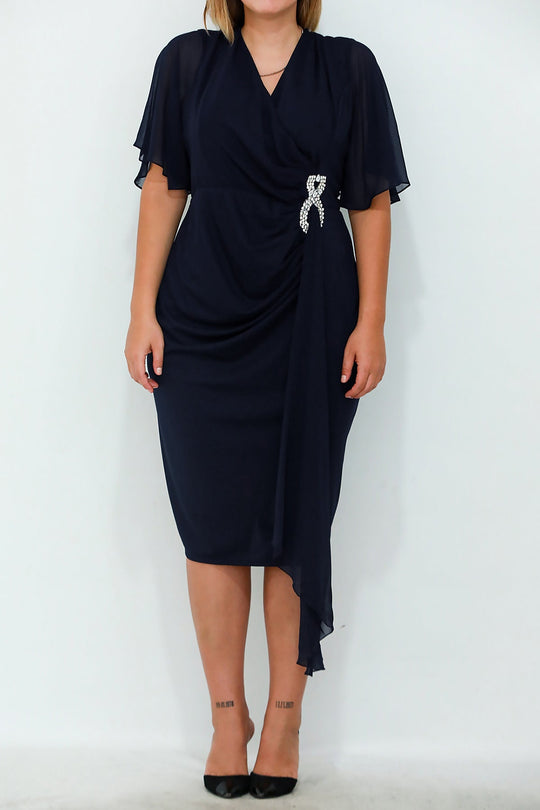 Chiffon Korte Avondjurk In Grote Maten Met Taillering — Marineblauw