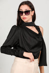 One - Shoulder Satijnen Blouse, Zwart