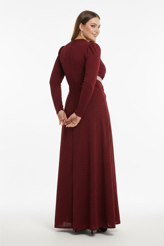 Plus‑Size Avondjurk Met Steenversiering In De Taille, Lange Mouwen — Bordeaux
