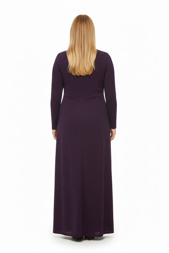 Plus‑Size Avondjurk Met Steenversiering In De Taille, Lange Mouwen — Paars