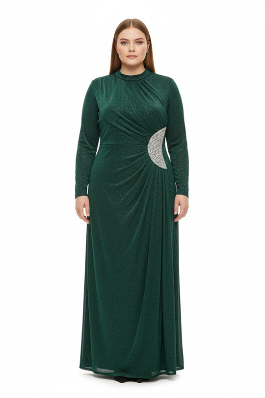 Plus‑Size Avondjurk Lange Mouw Met Stenen In De Taille — Groen