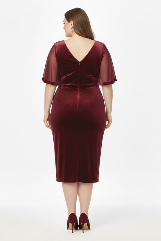 Samt - Abendkleid In Großen Größen Mit Steinbesetzter Taille Und Tüllärmeln — Bordeaux