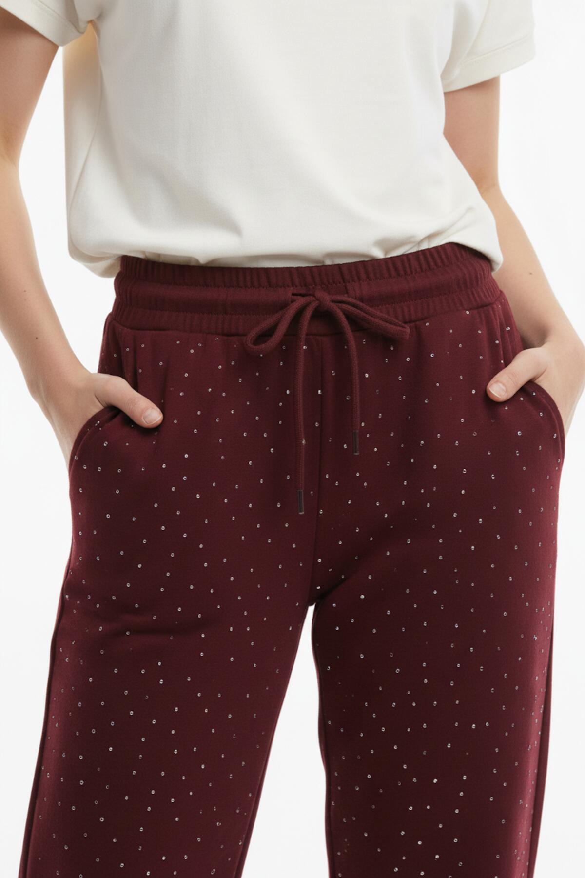 Bordeaux Wijde Broek Met Siersteentjes