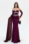 Plum Stone‑Embellished Mermaid Gown