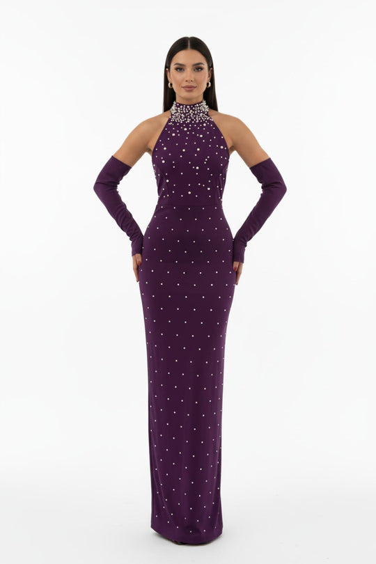 Lila Scuba - Crepe - Kleid Mit Perlendetail