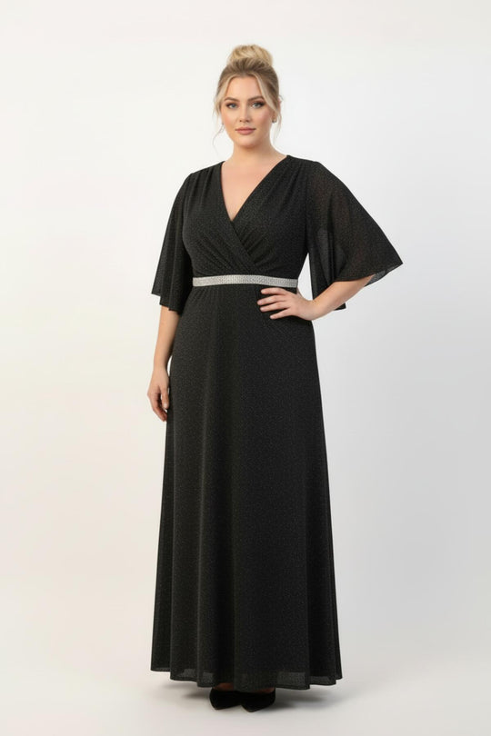Langes Abendkleid In Großen Größen Mit Steinbesatz An Der Taille Und Banddetails — Schwarz
