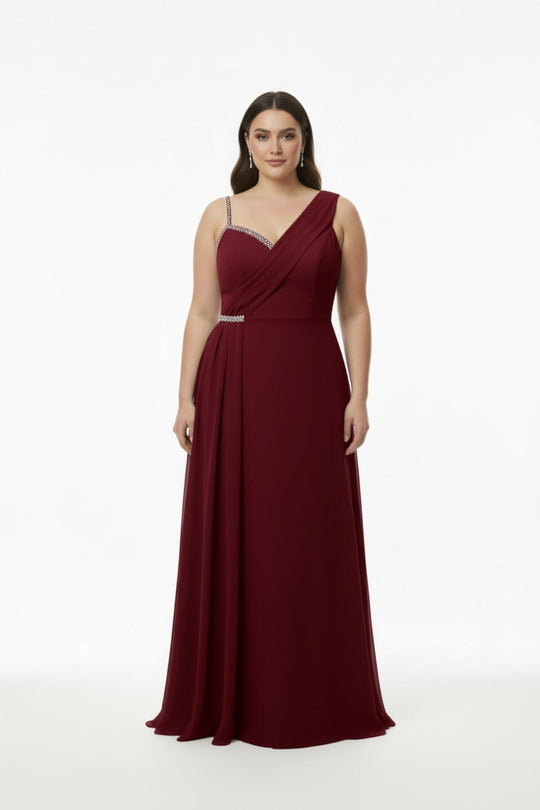 Plus - Size Sleeveless Long Evening Dress, Shaped At Bust And Waist — Burgundy