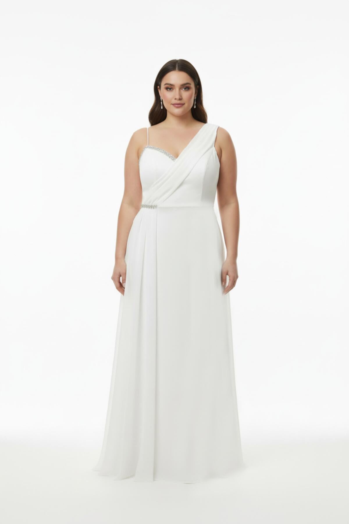 Plus - Size Mouwloze Lange Avondjurk, Gevormd Bij Buste En Taille — Wit
