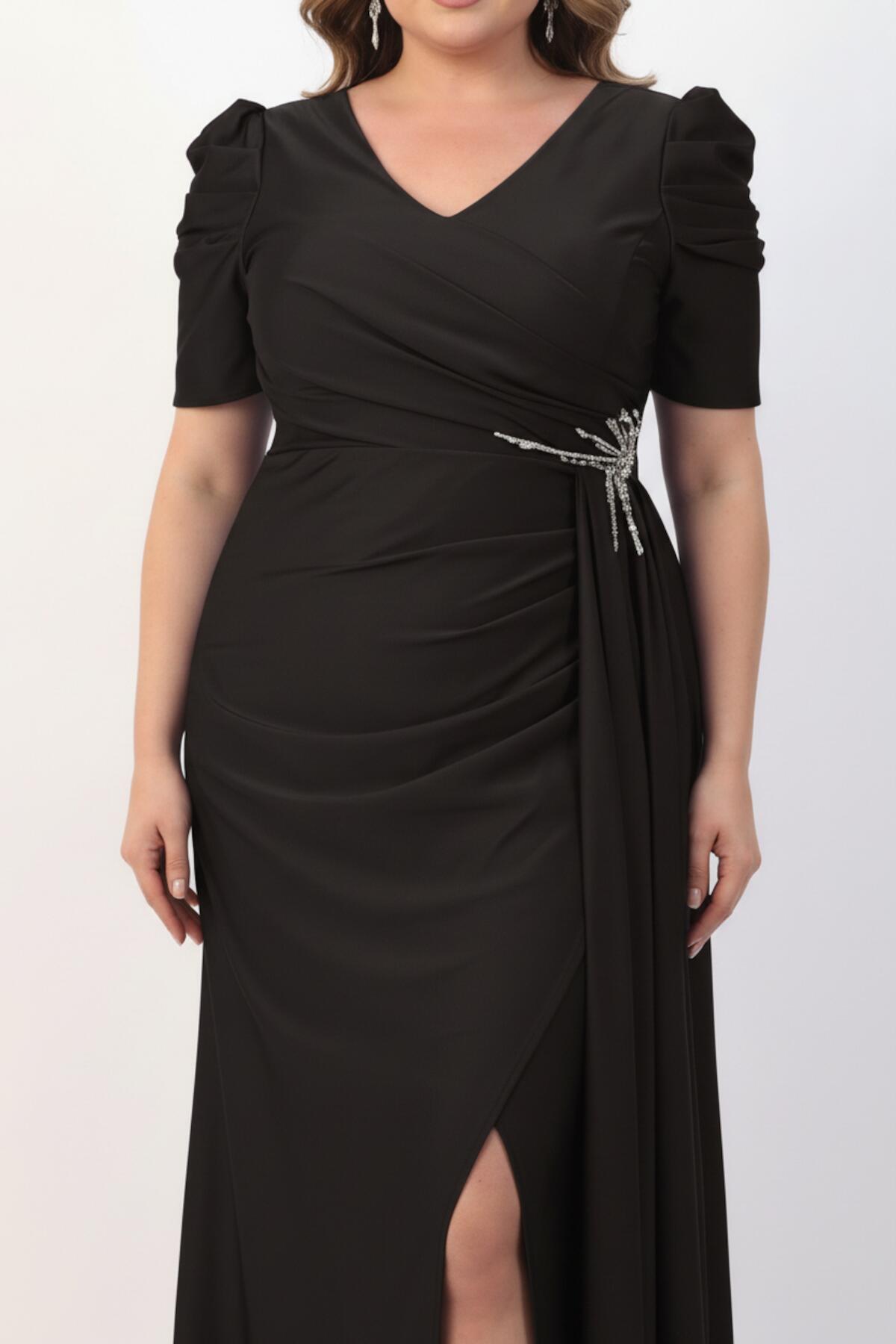 Plus - Size Lange Avondjurk Met Taille - Detail, Korte Mouwen — Zwart