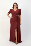 Plussize Lange Avondjurk Met Tailledetail En Korte Mouwen — Bordeaux