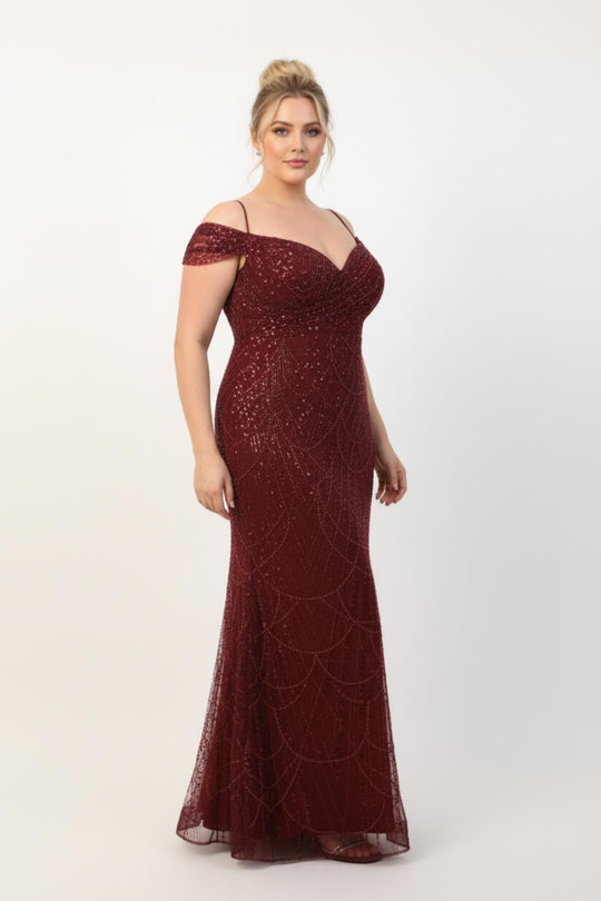 Plus - Size Off - Shoulder Avondjurk Met Kralen — Bordeaux