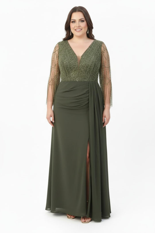Khaki Chiffon - Kleid In Großen Größen Mit Pailletten - Und Perlenbesatz