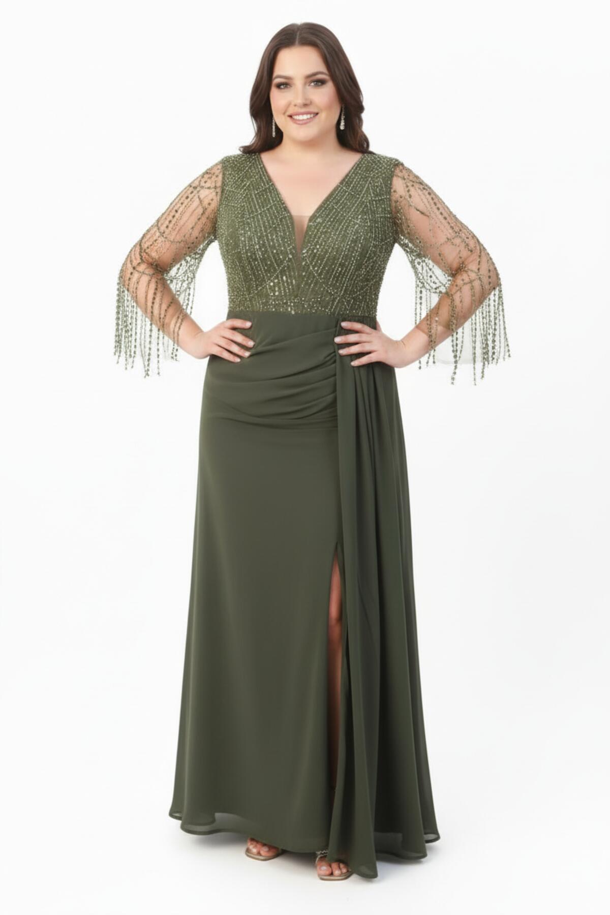 Khaki Chiffon Galajurk In Grote Maat Met Pailletten En Kraaltjes