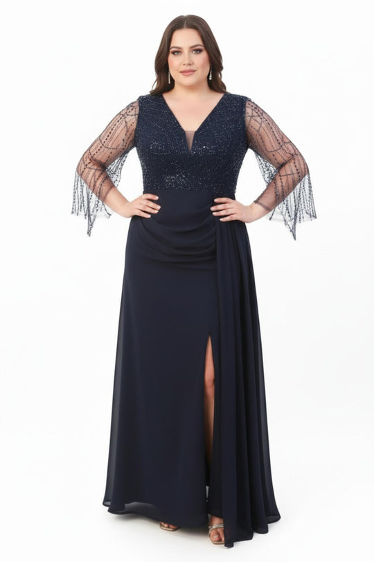 Chiffon - Abendkleid Mit Pailletten - Und Perlenbesatz – Marineblau, Große Größen