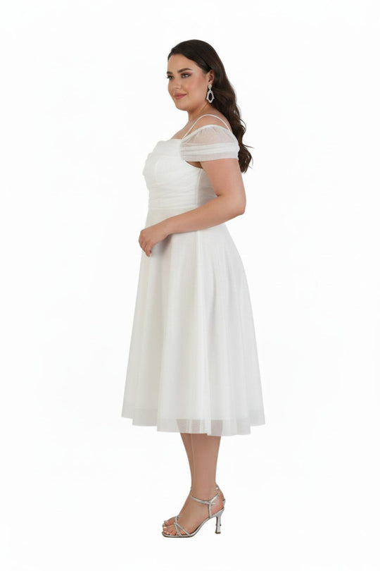 Schulterfreies Midi - Kleid – Große Größen, Weiß