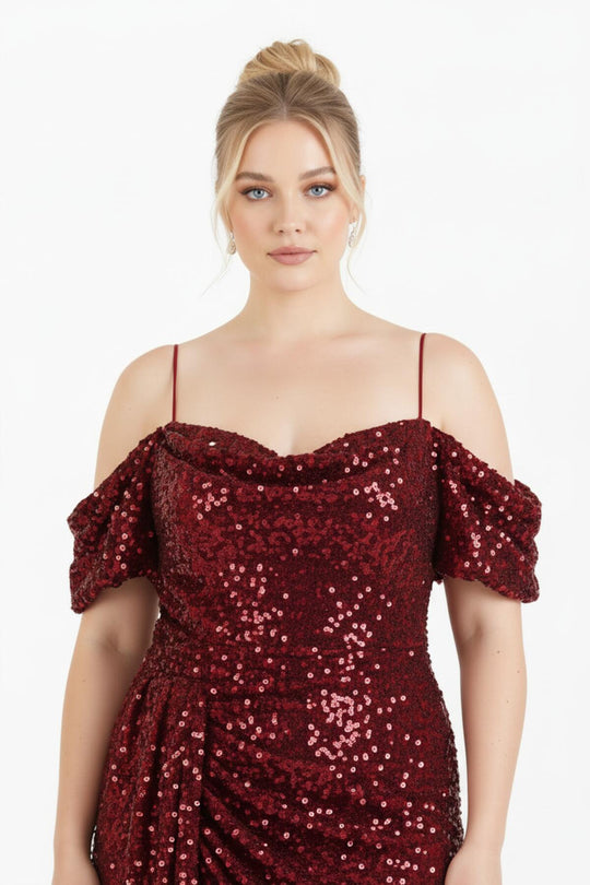Schulterfreies Pailletten‑Midikleid In Großen Größen — Rot