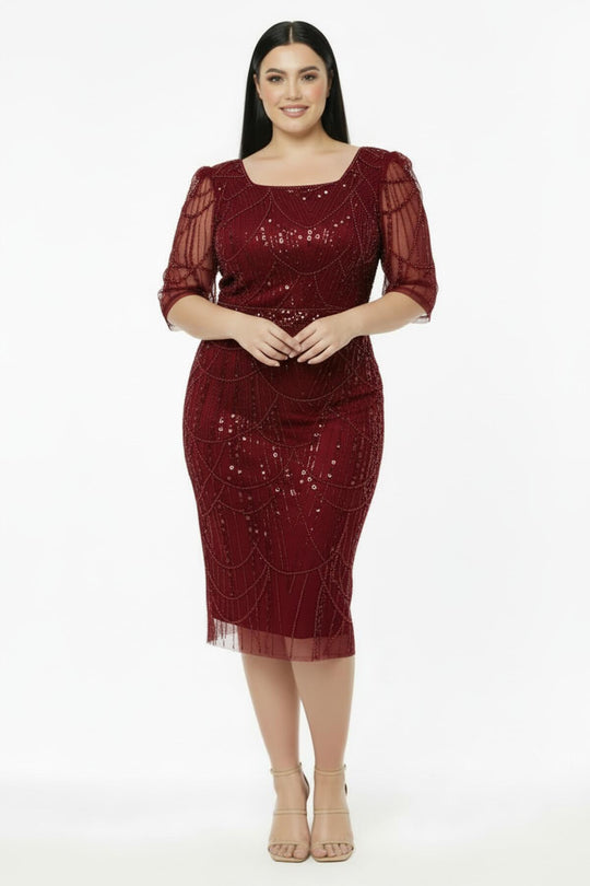 Große Größen Abendkleid Mit Langen Ärmeln, Quadratischem Ausschnitt Und