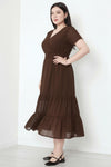 Plus - Size Maxi - Jurk Met V - Hals En Gelaagde Tulezoom, Bruin