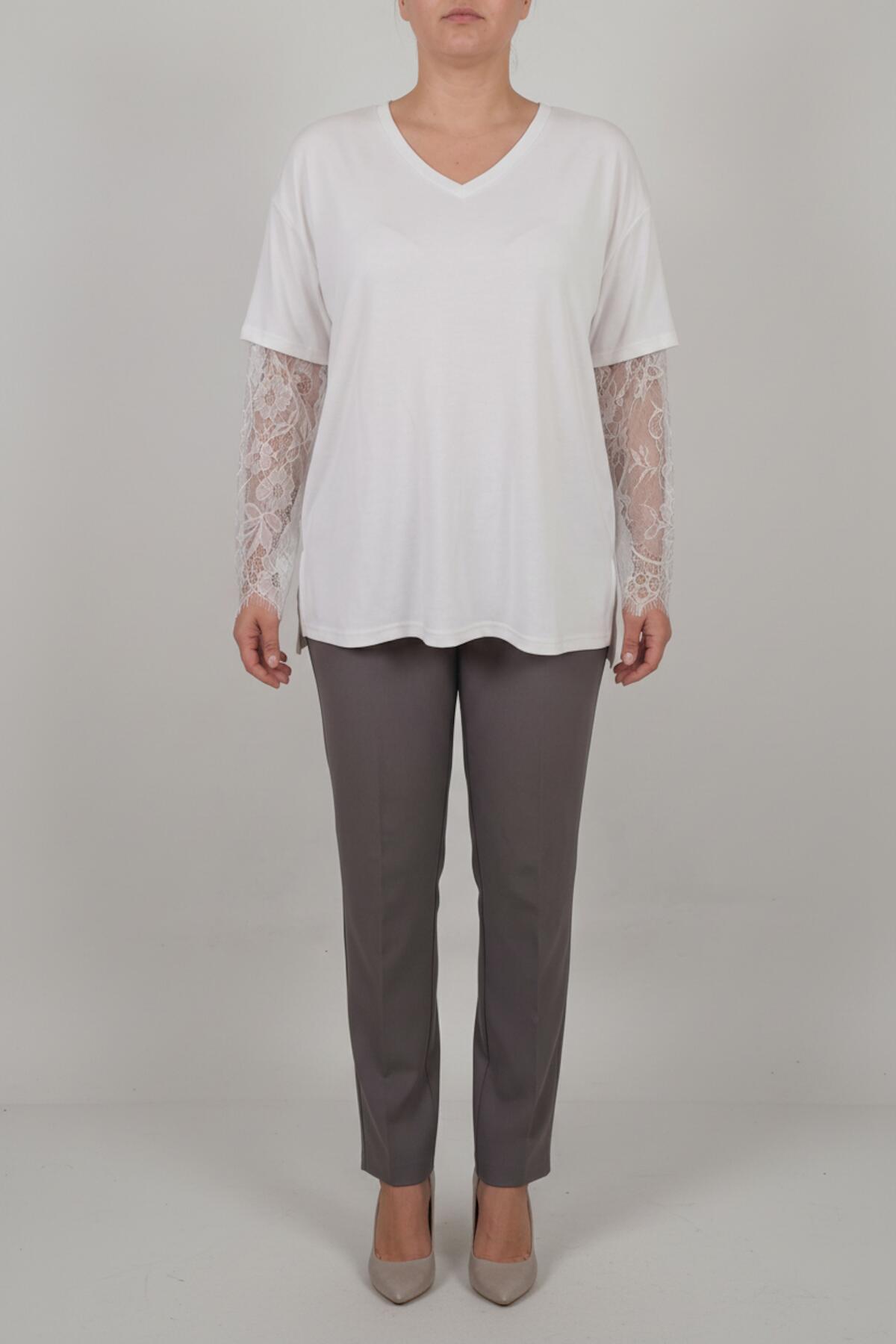 V - Hals Blouse Met Kanten Mouwen – Grote Maten, Wit