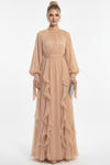 Robe De Soirée Bouclé À Manches Longues — Beige