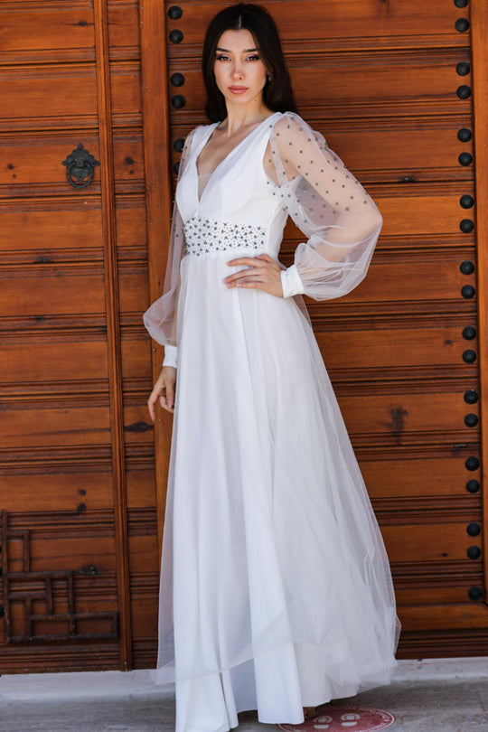 Langes Tüll - Abendkleid – Ecru