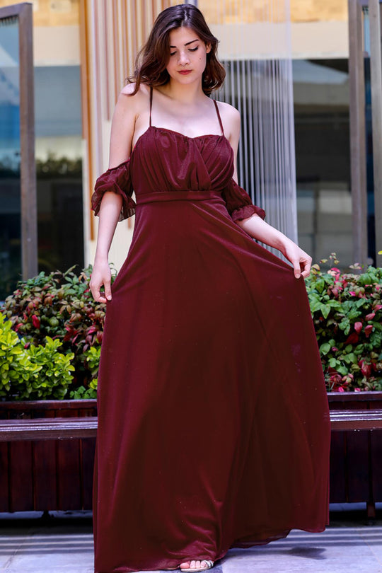Long Sparkly Evening Gown — Burgundy