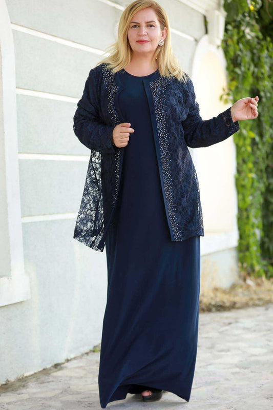 Dantelli Büyük Beden Uzun Abiye Takım