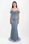 Robe De Soirée Sequins Et Perles, Épaules Dégagées — Bleu