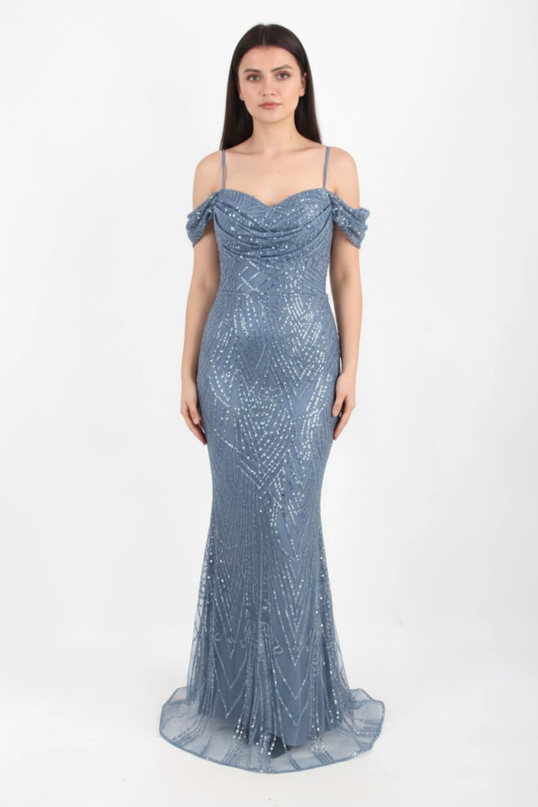 Robe De Soirée Sequins Et Perles, Épaules Dégagées — Bleu