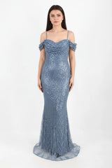 Robe De Soirée Sequins Et Perles, Épaules Dégagées — Bleu