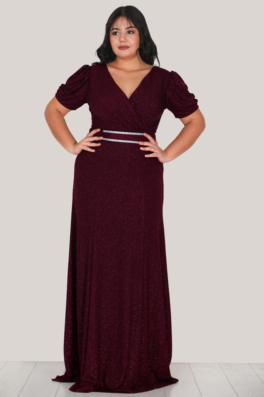 Plus‑Size Short‑Sleeve Belted Occasion Dress — Burgundy