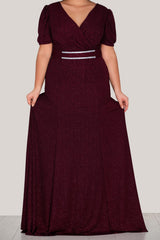 Robe De Soirée Grande Taille, Manches Courtes Et Ceinture — Bordeaux