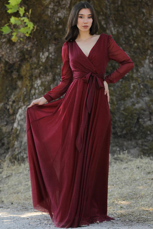 Bordeauxfarbenes Abendkleid Mit Wickel - Ausschnitt Und Schimmer
