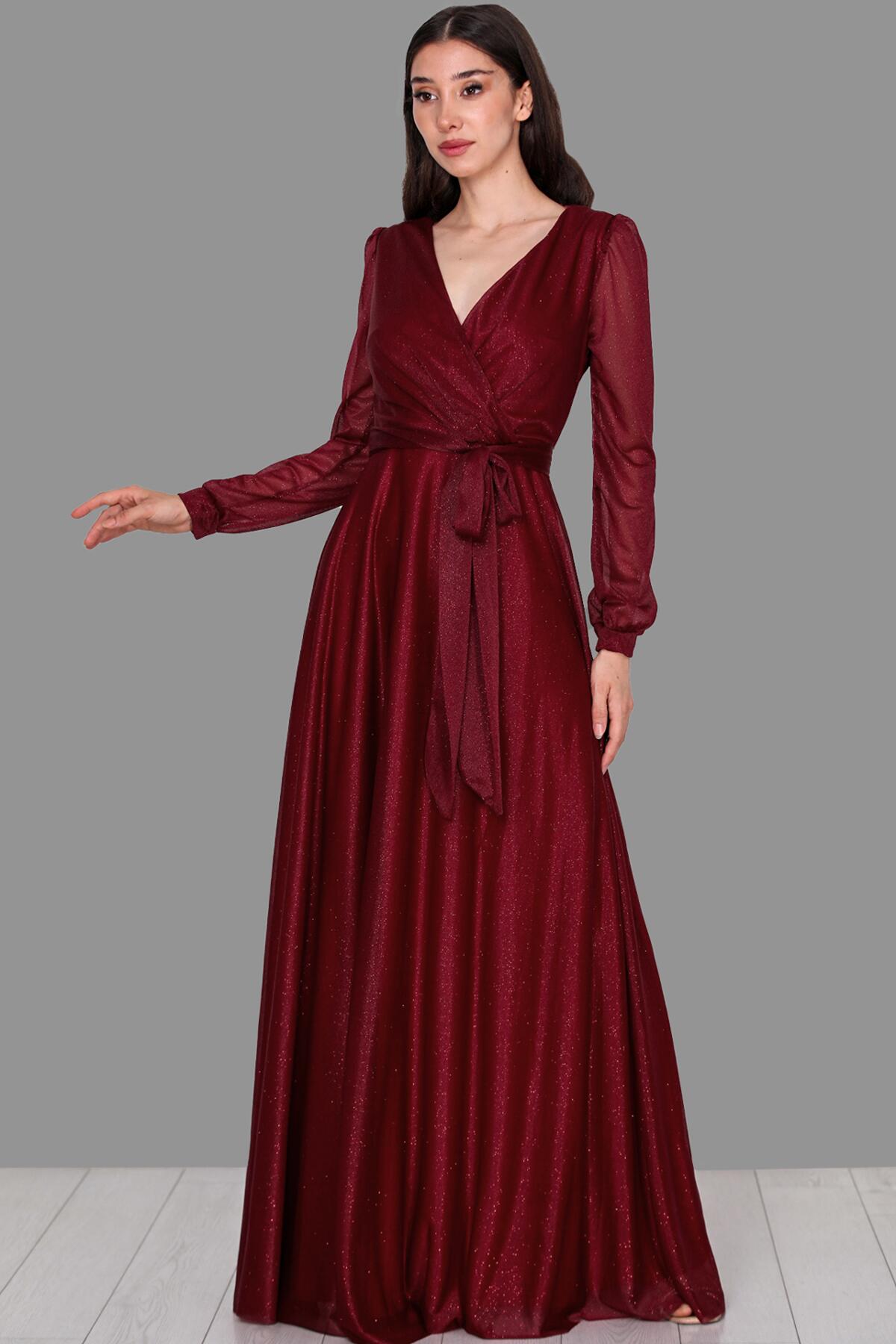 Kadın Kruvaze Yaka Simli Abiye Elbise  Bordo