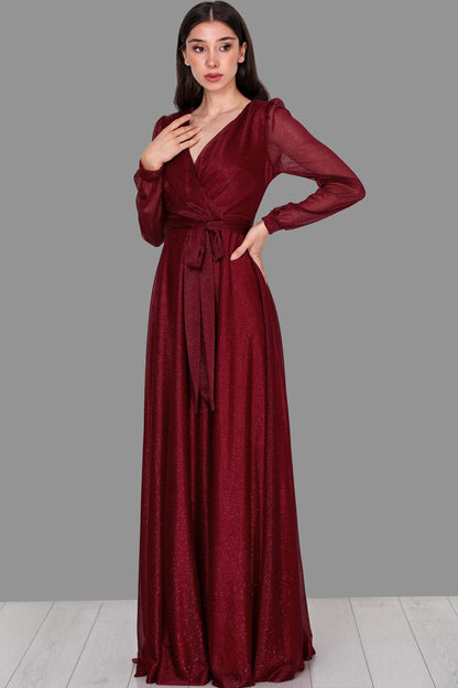 Kadın Kruvaze Yaka Simli Abiye Elbise  Bordo