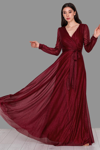 Kadın Kruvaze Yaka Simli Abiye Elbise  Bordo