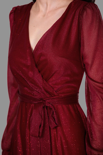 Kadın Kruvaze Yaka Simli Abiye Elbise  Bordo