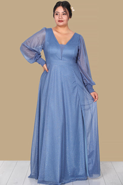 Plus - Size Long Glitter Evening Dress, Blue
