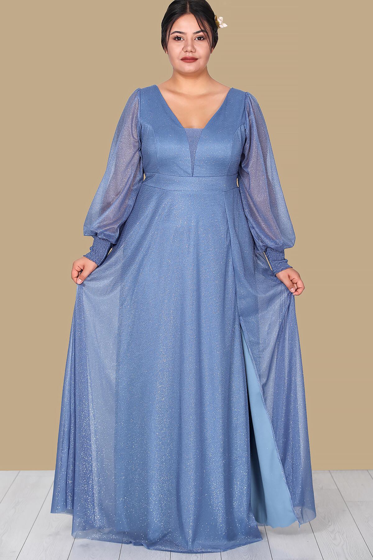 Plus - Size Long Glitter Evening Dress, Blue