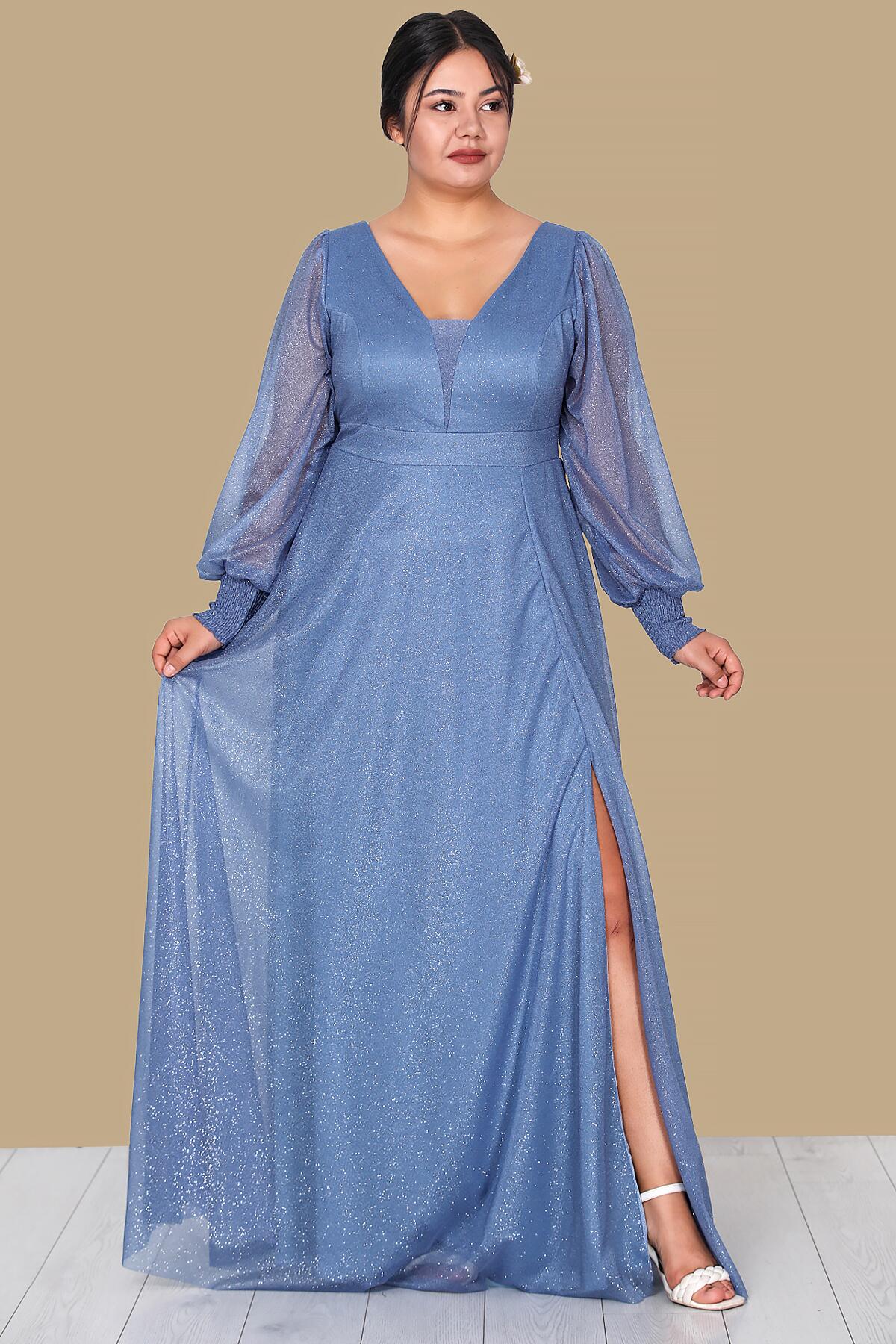 Plus - Size Long Glitter Evening Dress, Blue