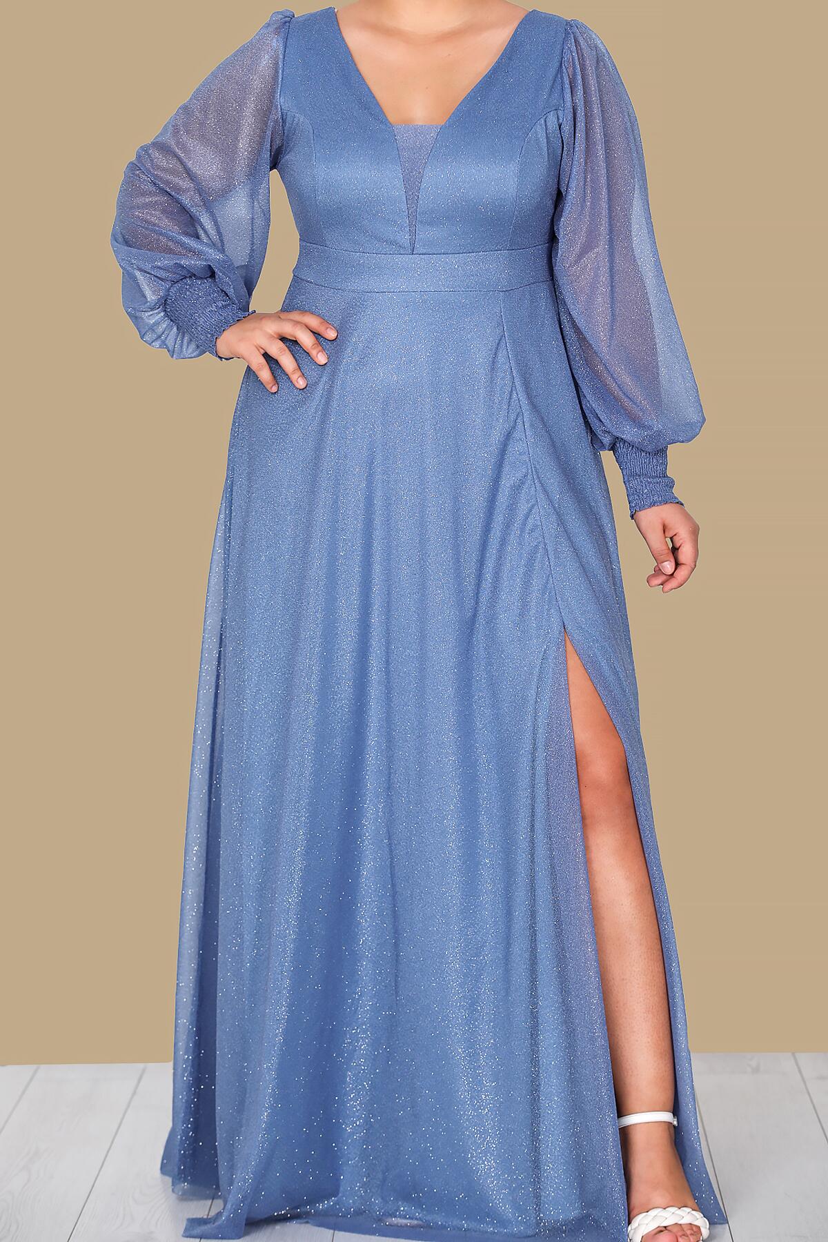 Plus - Size Long Glitter Evening Dress, Blue