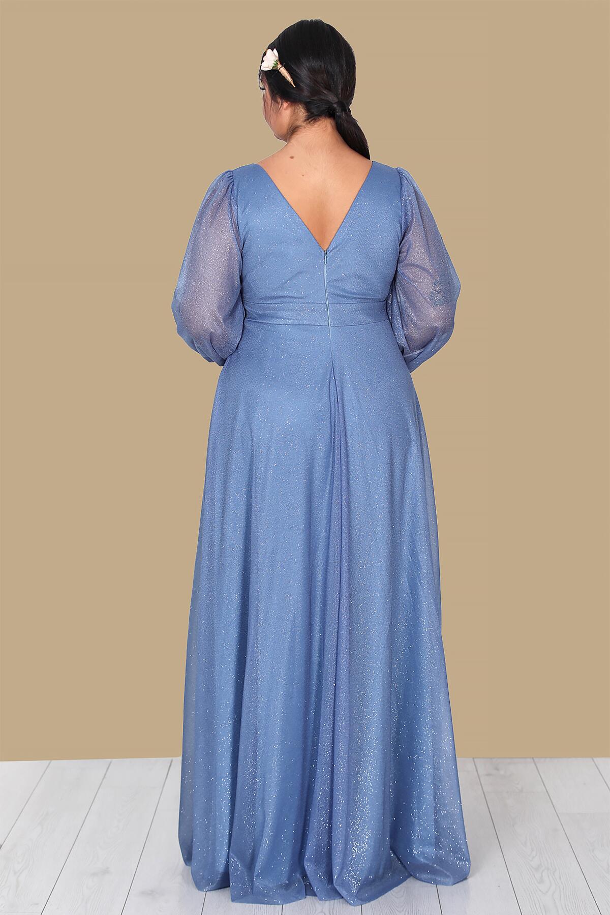 Plus - Size Long Glitter Evening Dress, Blue