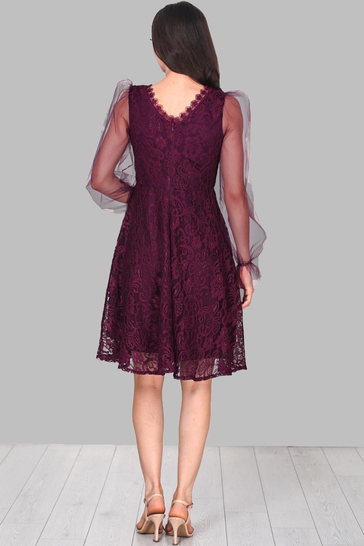 Kadın Dantelli Abiye Elbise  Mürdüm