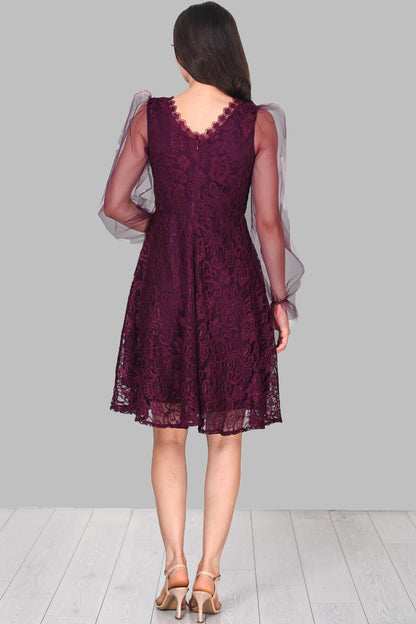 Kadın Dantelli Abiye Elbise  Mürdüm